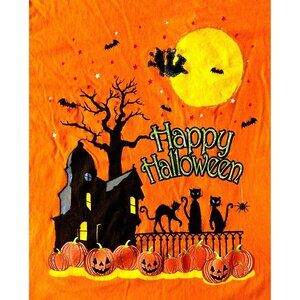 VTG 90's Happy Halloween T-Shirt 3XL 22W 24W Orange Black Cats Witch Hau…